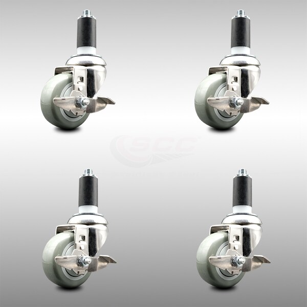 Service Caster 3 Inch 316SS Gray Poly Swivel 1-1/4 Inch Expanding Stem Caster Set Brake SCC SCC-SS316EX20S314-PPUB-TLB-114-4 - main